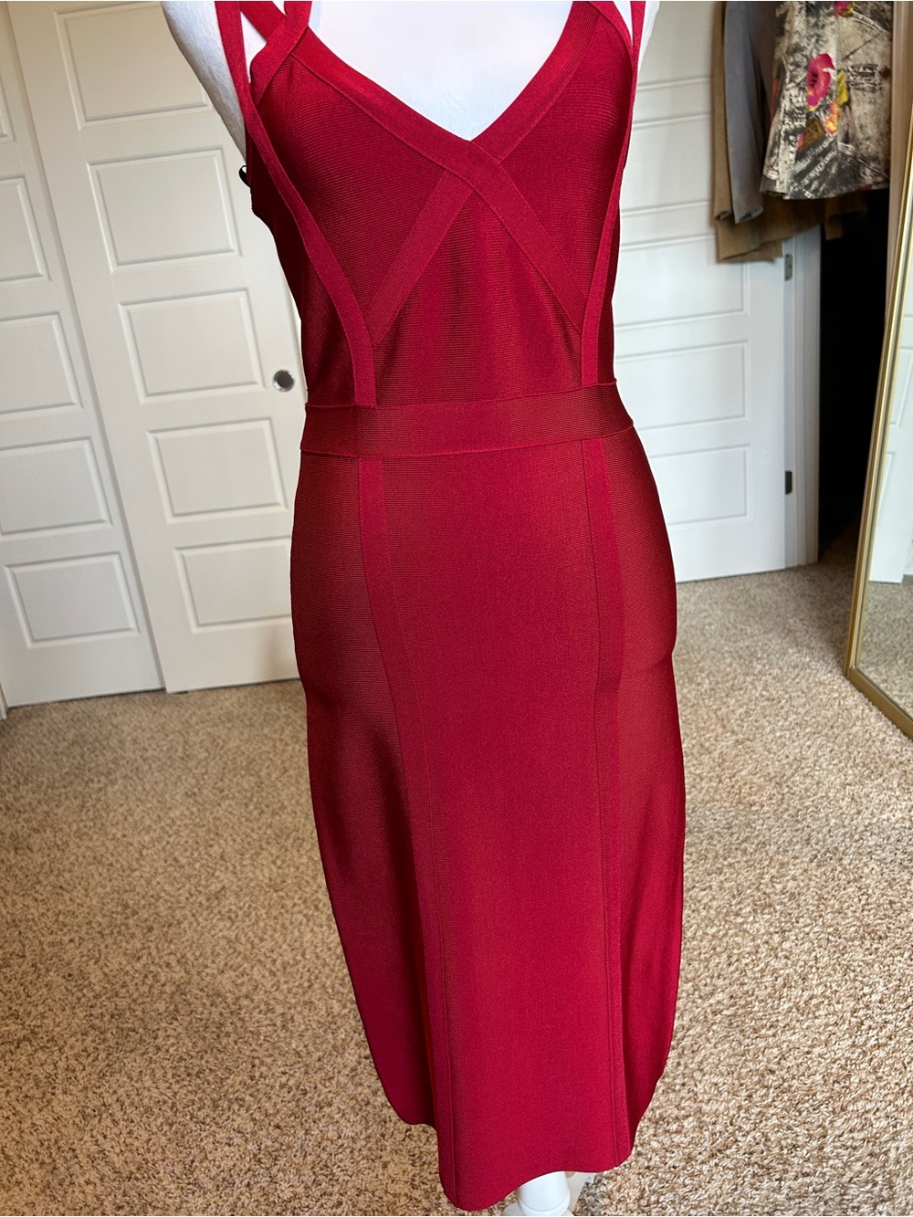BEBE Red Halter Bandage Bodycon Strappy Evening Going Out Dress Size Medium - Picture 3 of 10
